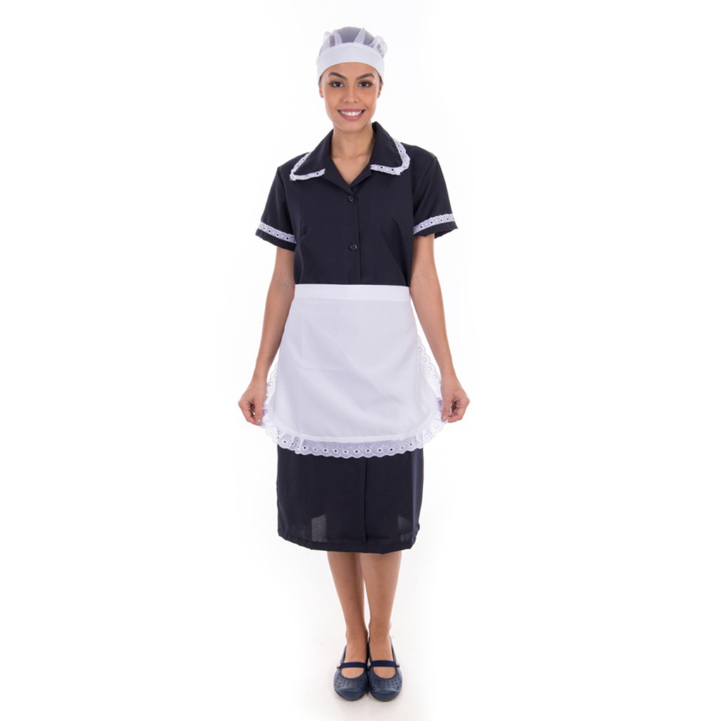 Vestido em Tecido Oxford Com Avental e Bordado Inglês Copeira