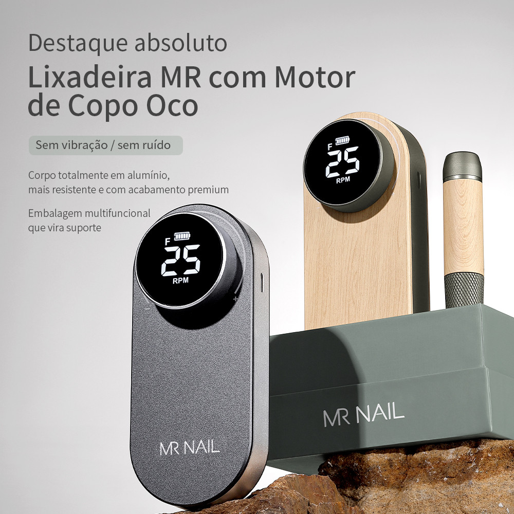 Lixadeira de Unha Profissional Portátil 25.000RPM Alumínio Compacta Baixo Ruído Sem Vibração MR Nail