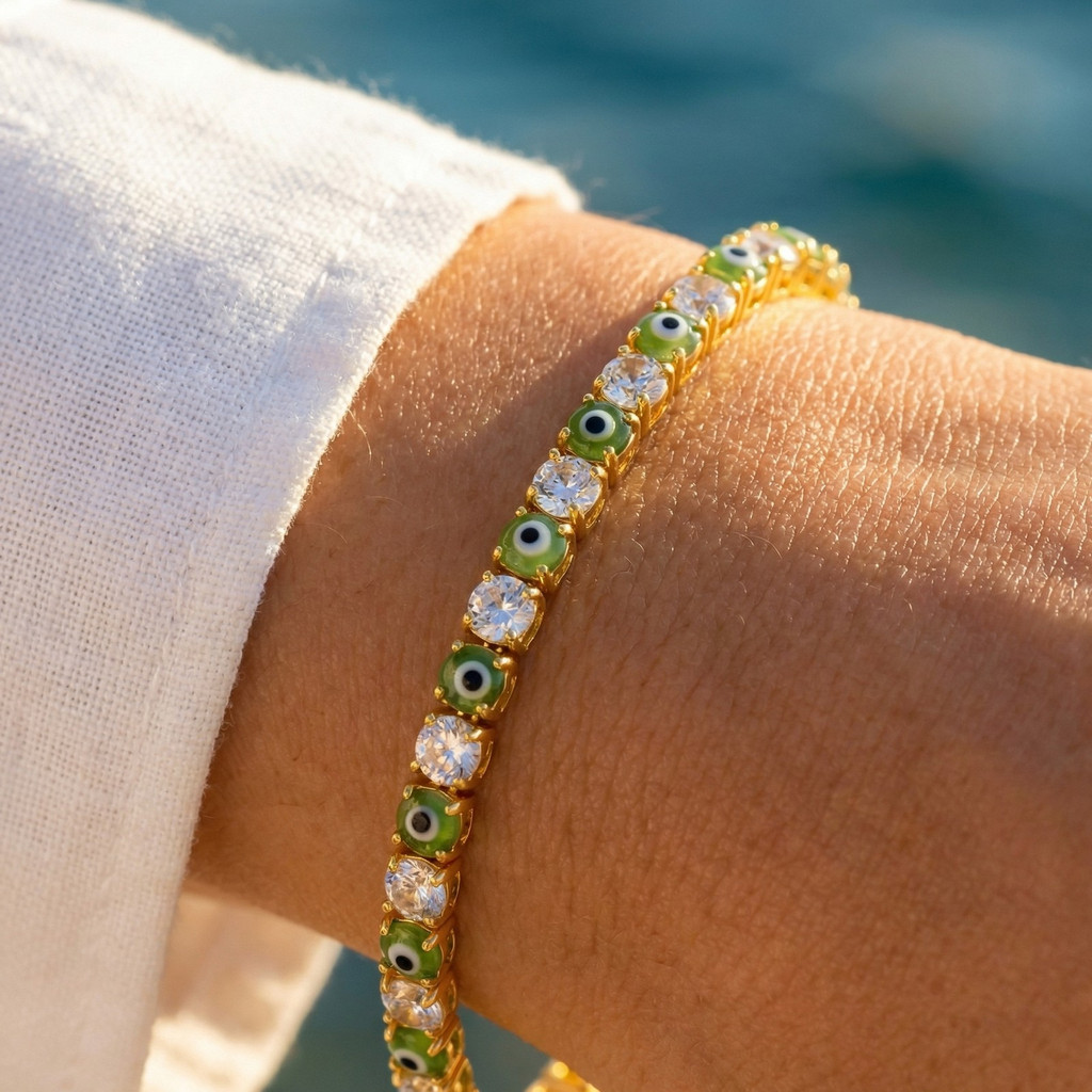 Vnox Ouro Mau Olhado Zircão Pulseira De Tênis Cúbico Para Mulheres Homens Amuleto Proteção Boa Sorte Minimalista Elo De · foto 2