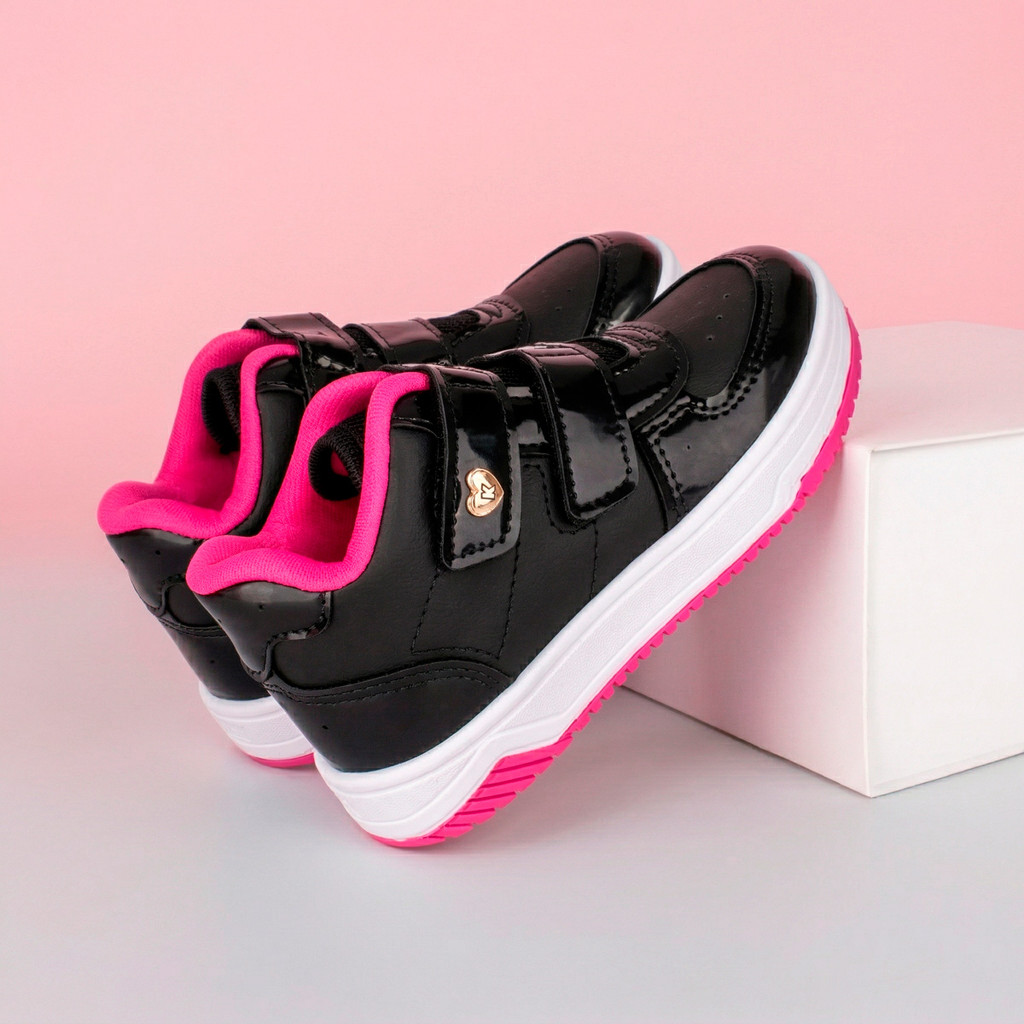 Tênis Infantil Menina Kidy Happy Preto Pink Casual Confortável Leve Anatômico Moderno