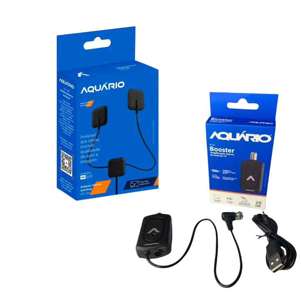 KIT ANTENA DIGITAL INTERNA DTV-300 AQUÁRIO INVISIVEL + AMPLIFICADOR DE SINAL BOOSTER BT-26 AQUÁRIO
