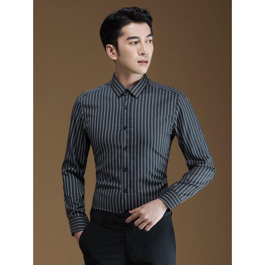 P POWO camisa masculina de manga comprida negócios formal wear listras cinza escuro moda tendência negócios magro formal