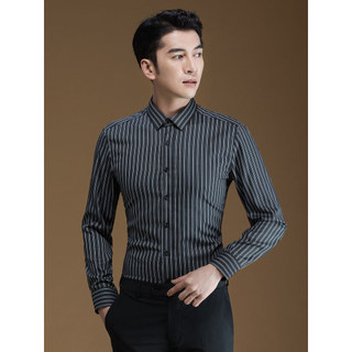 P POWO camisa masculina de manga comprida negócios formal wear listras cinza escuro moda tendência negócios magro formal