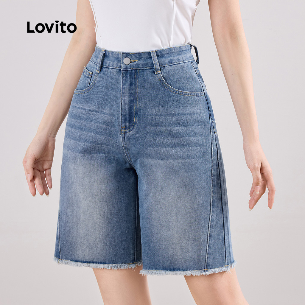 Lovito Shorts Jeans Casuais Com Bainha Crua, Shorts Jeans De Verão/Primavera Para Mulheres L113MD315