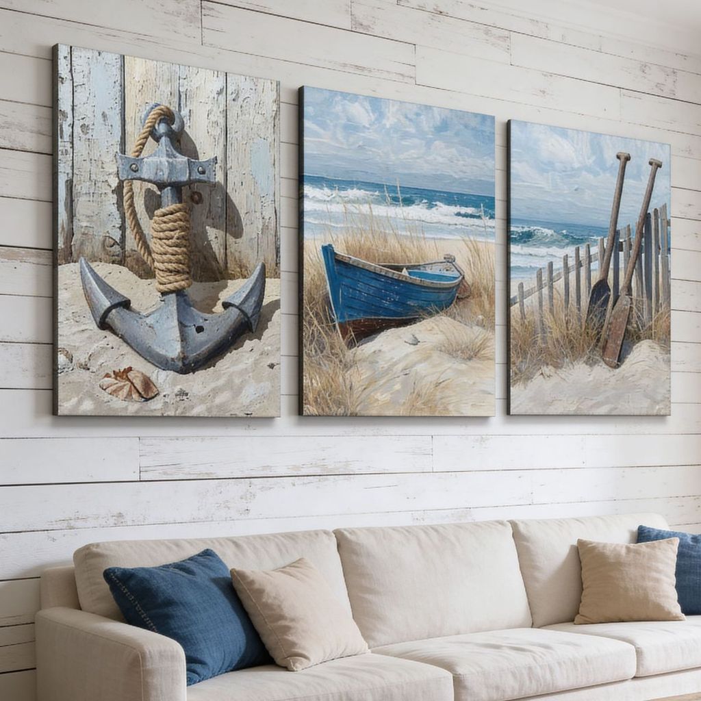 Trio Quadros MDF Decoração Náutica Coastal Âncora Barco Mar Presente Sala Quarto