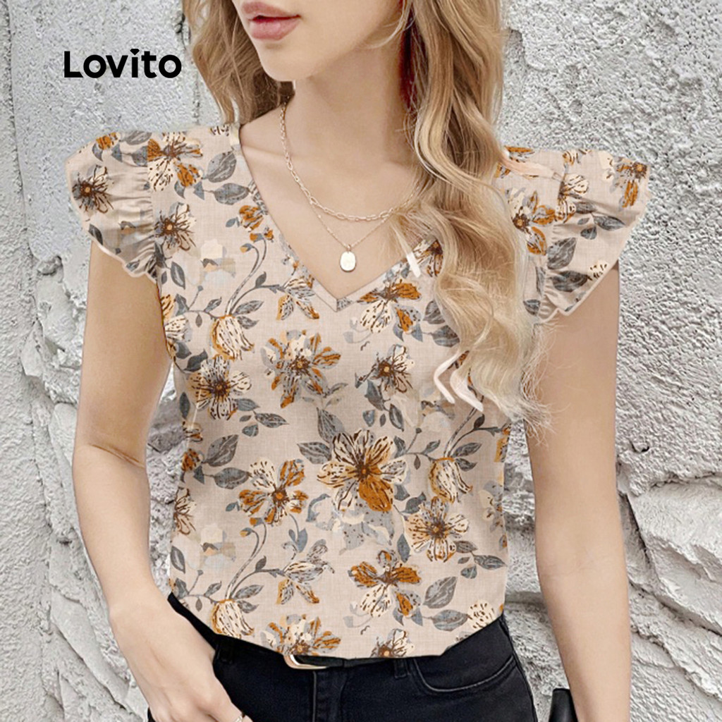 Lovito Blusa Casual de Babado com Flores Primavera/verão para Mulheres L155ED739