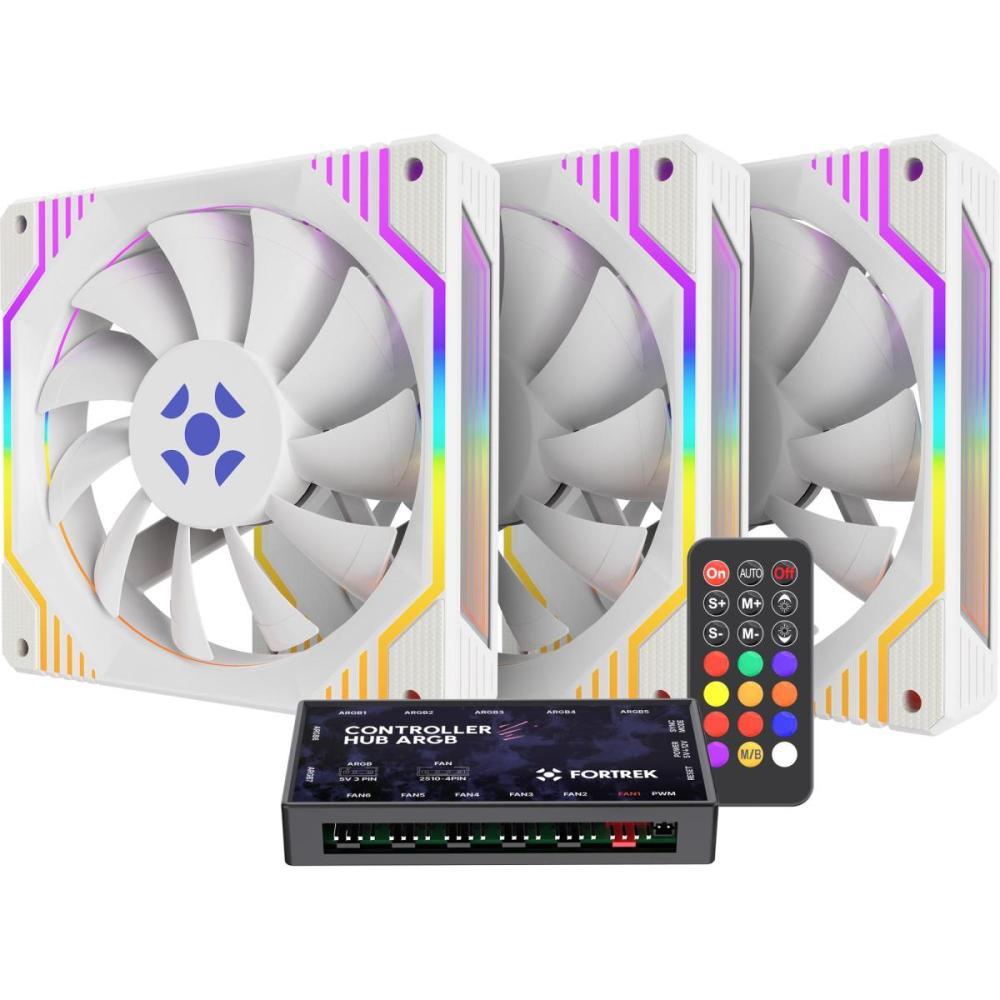 Kit 3 Cooler Fan Argb Fortrek Frosty Branco Com Controladora/Controle