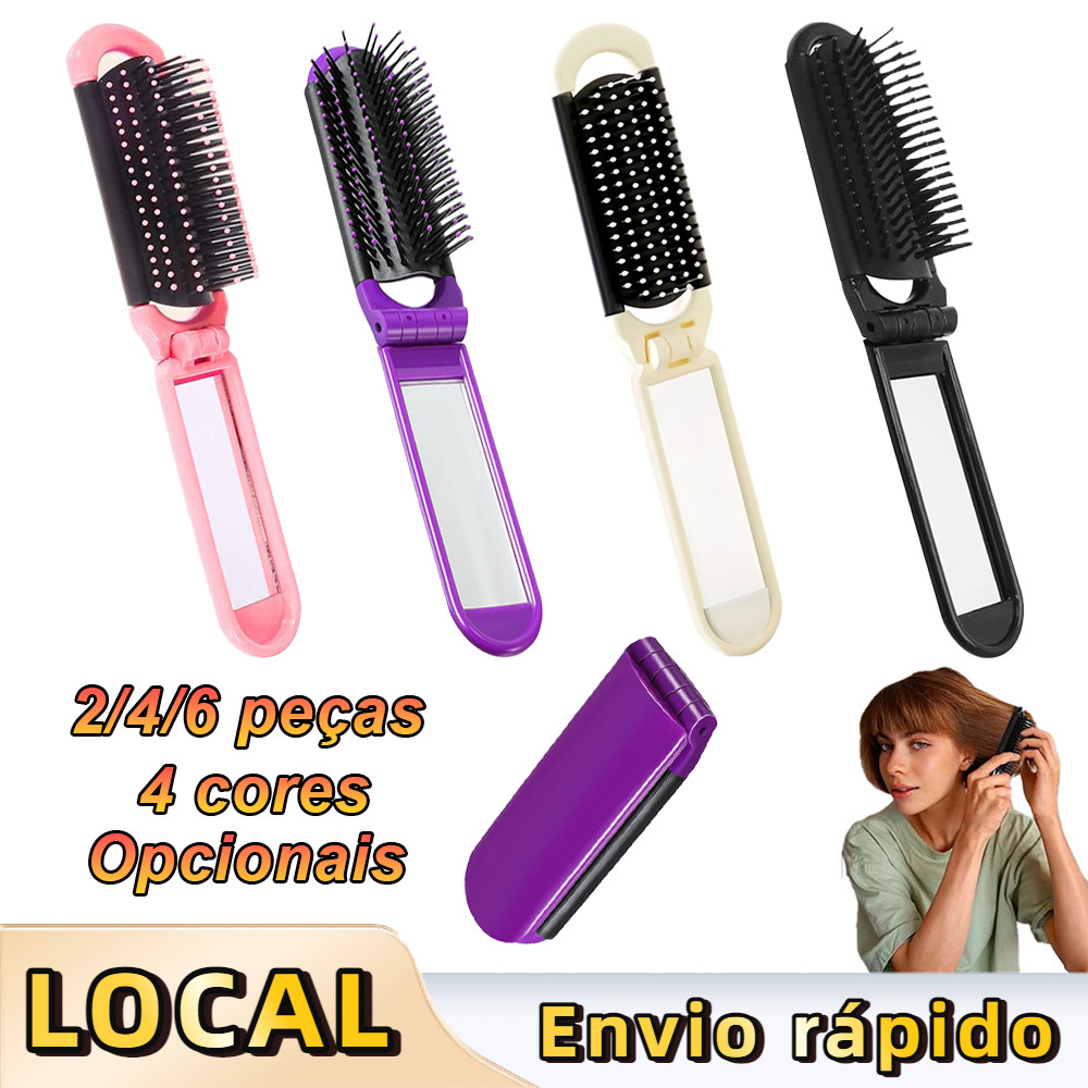 2/4/6 Peças Mini Escova de Cabelo Dobrável com Espelho – Formato Retangular, Leve, Antiestática, para Presente