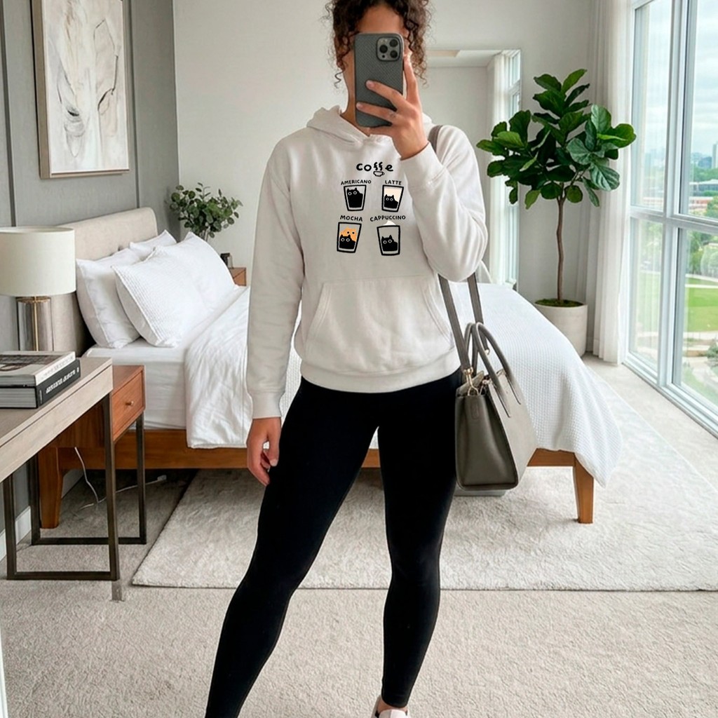 Conjunto Moletom Canguru Feminino Coffee Cat Capuz + Calça Legging