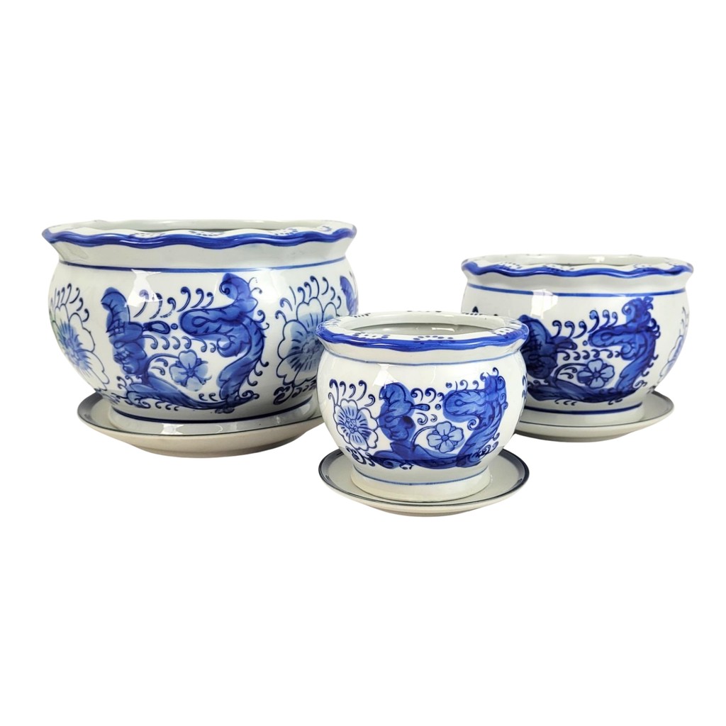 Vaso Decorativo Cachepot Azul E Branco Porcelana 3pç Fushun