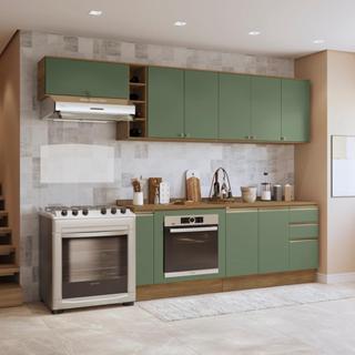 Armário de Cozinha Completa 3 Gavetas 100% MDF 300cm Nogueira/Verde Celeste Kappesberg em Oferta na Shopee