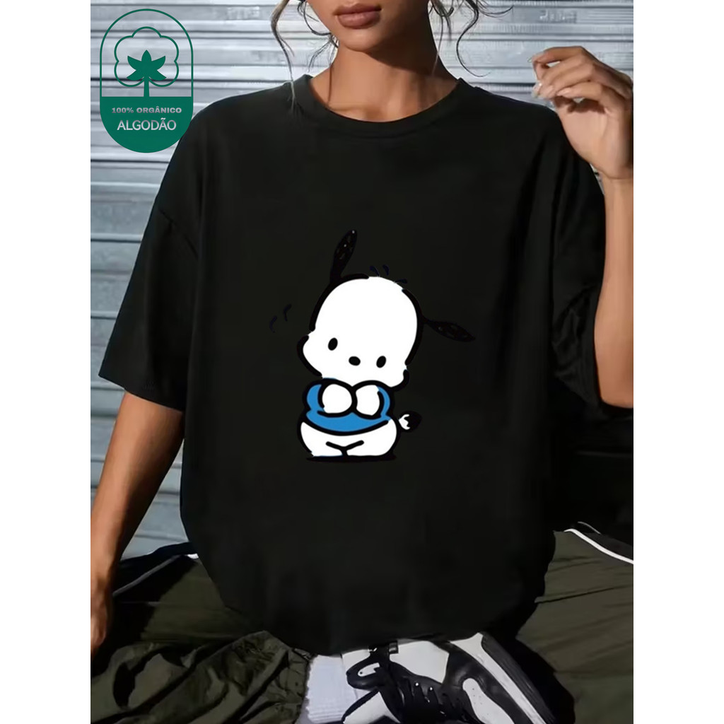 BR.Moonlight Camiseta Estampa Pochacco Preto e Branco Cão Fofo Loose Fit Confortável Atemporal Versátil Casual