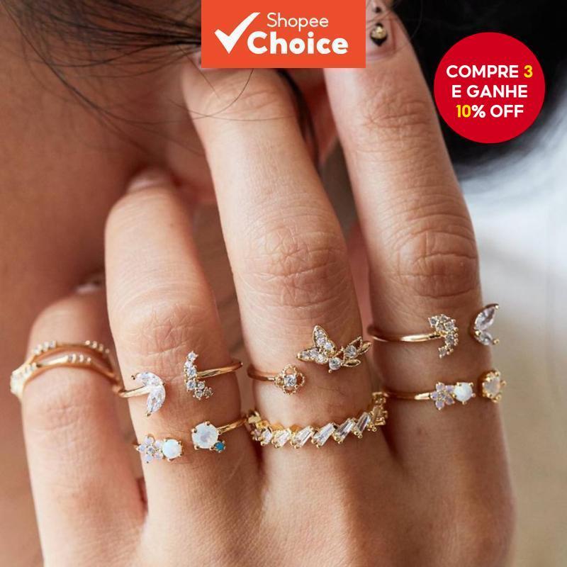 Conjunto Feminino de 7 Peças Boêmio Estilo Boêmio Inlaid Rhinestone Butterfly Flower Ring Retro Casamento Festival