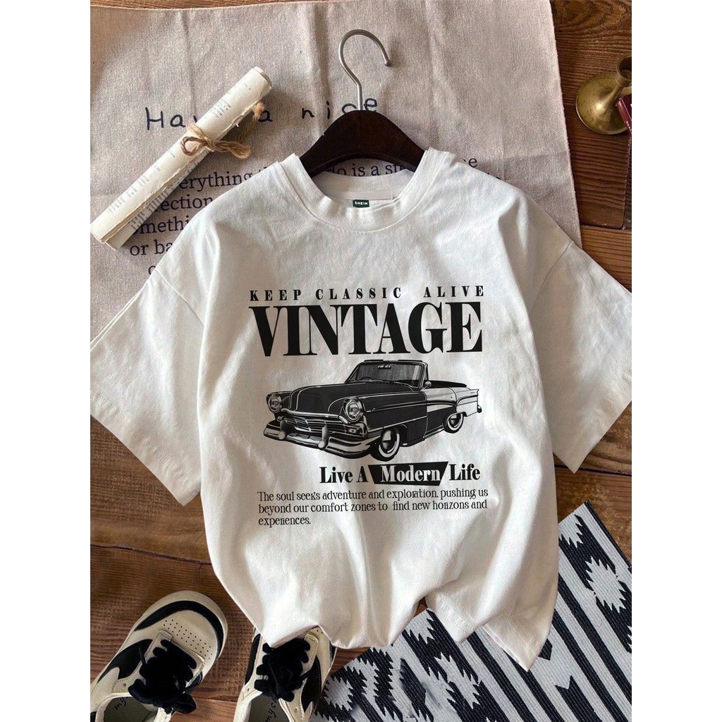 Camiseta Vintage,  gola redonda e manga curta, com estampa de carro retrô! Lançamento Envio Imediato