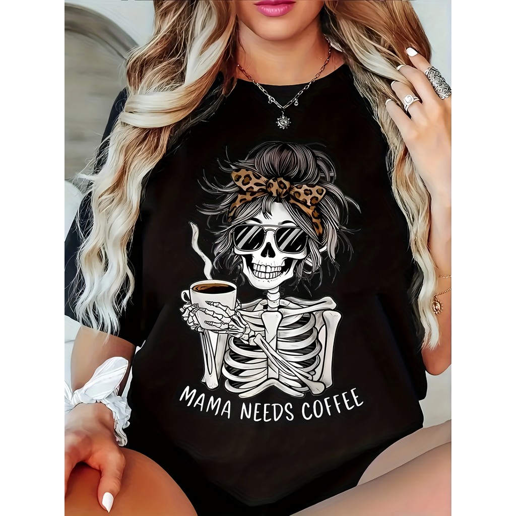 Camiseta Unissex Masculina e Feminina Caveira Mulher Café Esqueleto  Estampada Divertida Confortável Estilosa Primavera 