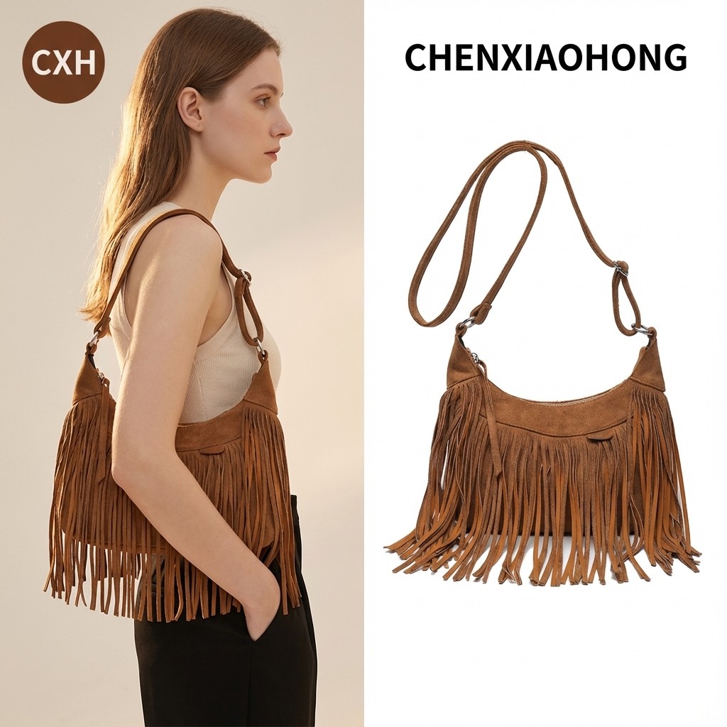 CHENXIAOHONG Bolsa feminina de camurça com franjas, bolsa transversal, estilo boêmio, bolsa de ombro.