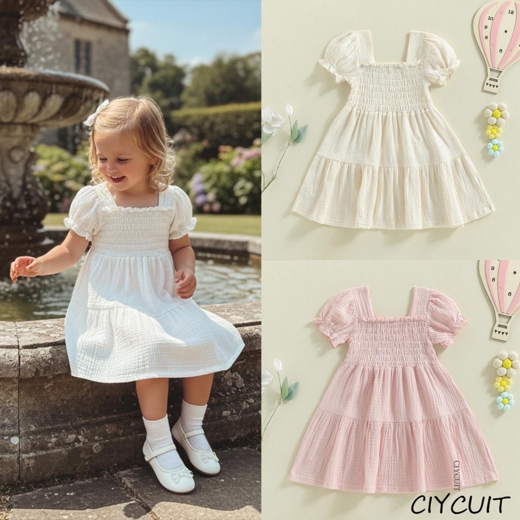 [CIYCUIT] Vestido Infantil De Verão Para Meninas De 1 A 6 Anos | Vestidos De Princesa Evasê Bebês Com Manga Curta Bufant