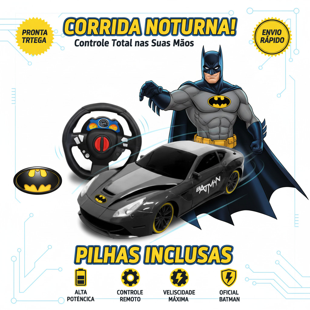 Carrinho Controle Remoto Batman Batmóvel Volante Realista Com Pilhas Inclusas Brinquedo Menino