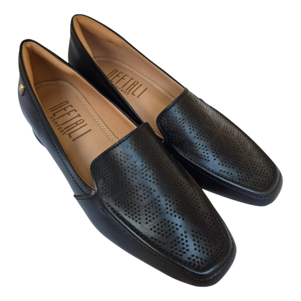Sapato Mocassim Neftali Salto Preto Conforto Social Lindo Macio Leve Charmoso Versatil Atual Pratico Luxo Qualidade Top