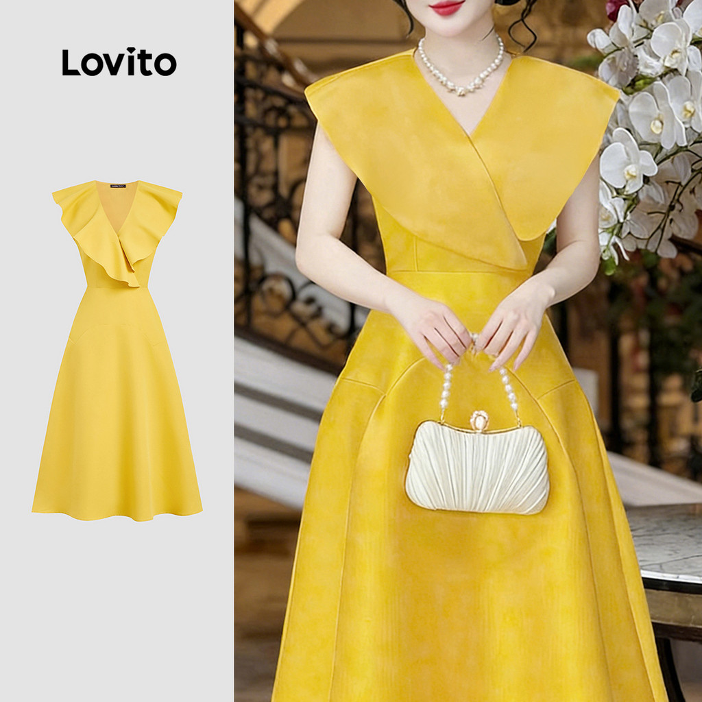 Lovito Vestido Elegante Plissado Estrutura Linha Deslocamento Primavera/verão Amarelo Vestido para Mulheres L178ED2157