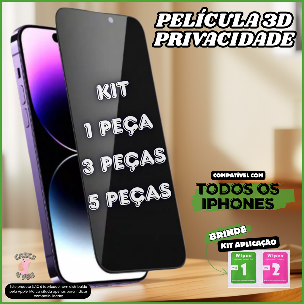 Película 3D Privativa Privacidade Compatível com Iphone 17 16 15 14 13 12 11 XR Air Pro Max 16E 17E