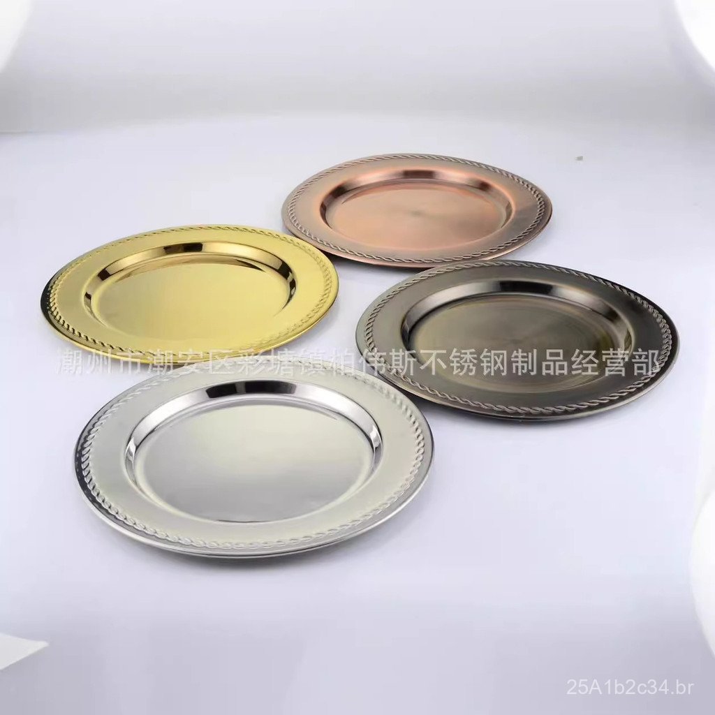 Prato espelhado espesso de aço inoxidável 401 com padrão colorido, prato plano, bandeja, prato para bife, bandeja decora