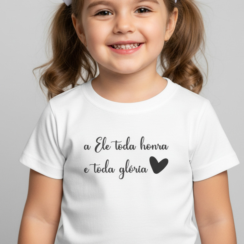 T-shirt Infantil Menina e Menino Cristã Honra e Glória Algodão Várias Cores Camiseta Religiosa Kids