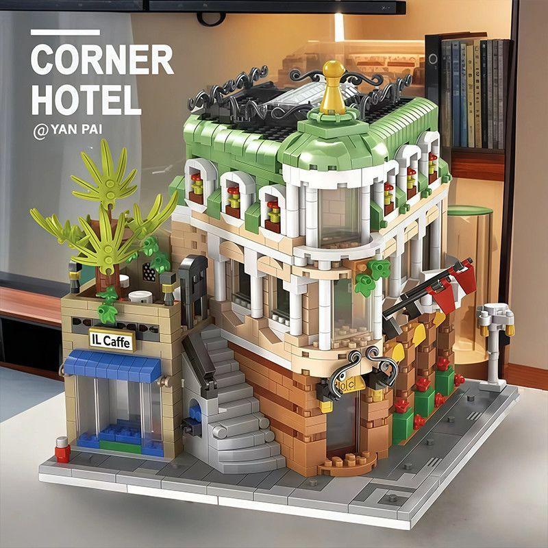 Cidade rua vista canto Boutique Hotel compatível Lego blocos de construção montagem modelo brinquedo ornamentos masculin