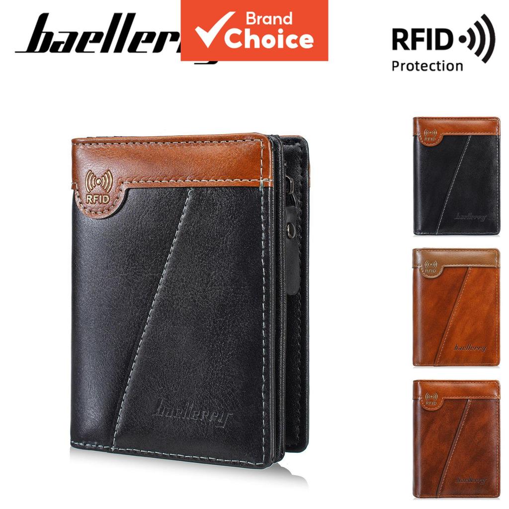 Carteira masculina Baellerry com bloqueio RFID - carteira tripla de couro PU com bolso para moedas com zíper,