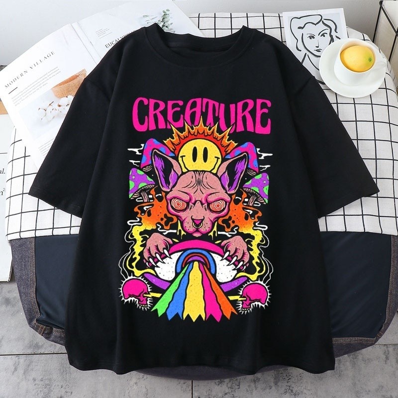 Camiseta Oversized Unissex Casual Confortável 100% Algodão Modelo "Gato Creator Streetwear" Academia