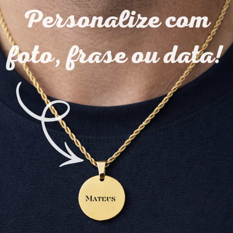 Colar Medalha em Aço Banhado a Ouro18K e Prata Personalizado a Laser com Fotogravação, Frase, Simbolo, Iniciais e Datas