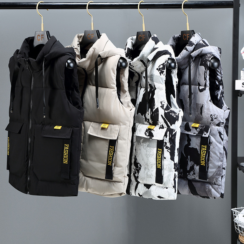 Colete de algodão masculino outono inverno esportes lazer quente colete na moda bonito camuflagem com capuz colete jaque