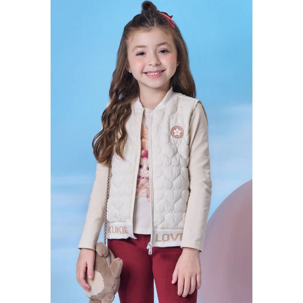 Colete Puffer Menina em Nylon Detalhe Corações Kukiê