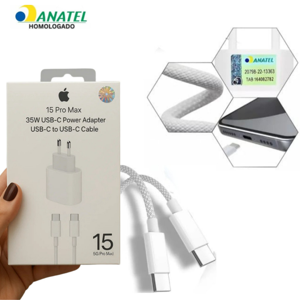 KIT 5/10/20 UN. Carregador de iPhone 15 16 17 Pro Max Turbo 35w Completo Fonte USB C e Cabo Tipo C Tipo C Generico