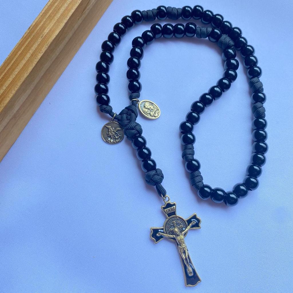 Terço de Paracord 550 Preto Medalha de São Miguel e Sagrada Família