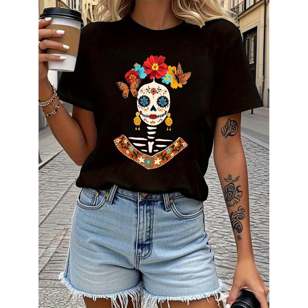 Camiseta Unissex Masculina e Feminina Caveira Flores Colorida Estampada Confortável Linda Estilosa Verão