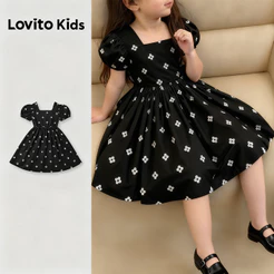 Lovito Kids Casual Vestido Fofo Delicado Floral Babado Primavera/verão Preto para Menina L168LD183