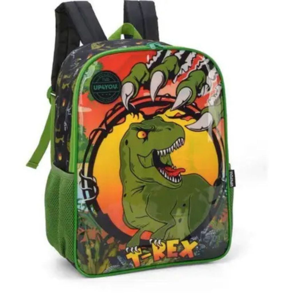 Mochila para Meninos de Costas Dinossauro Trex Resistente Reforçada Bolsos pra Garrafinhas - Raptor Dino - Luxcel