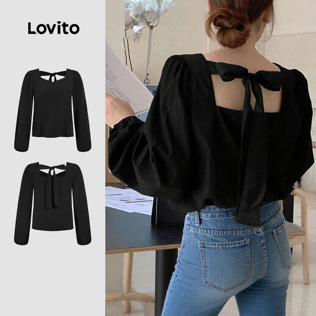 Lovito Blusa Casual com Laço Nas Costas Outono/inverno Blusa Preta para Mulheres L166AD361