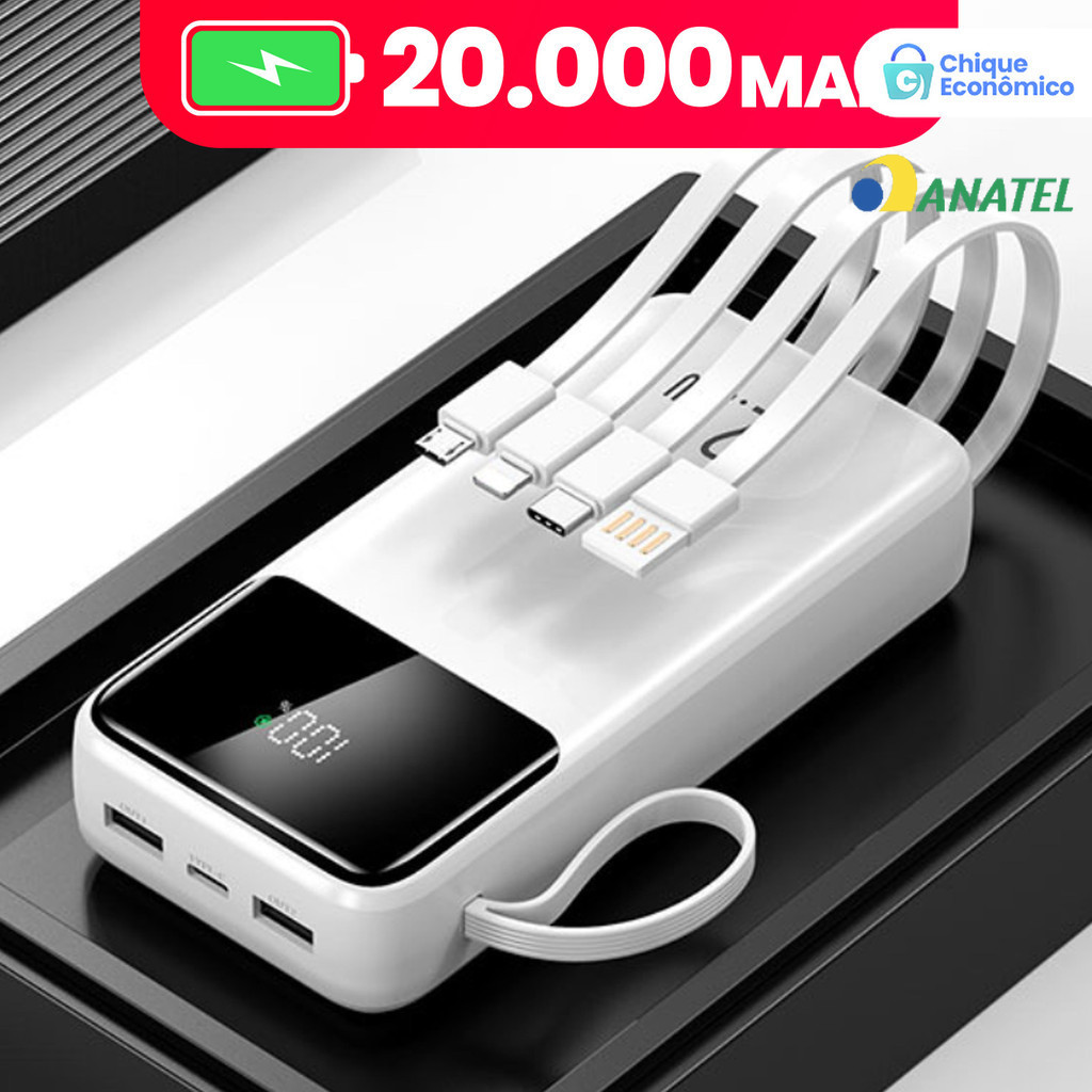 Power Bank 20000mAh com Visor Digital: Carregamento Ultra-Rápido e 4 Portas USB, Carregador Portátil em Oferta na Shopee