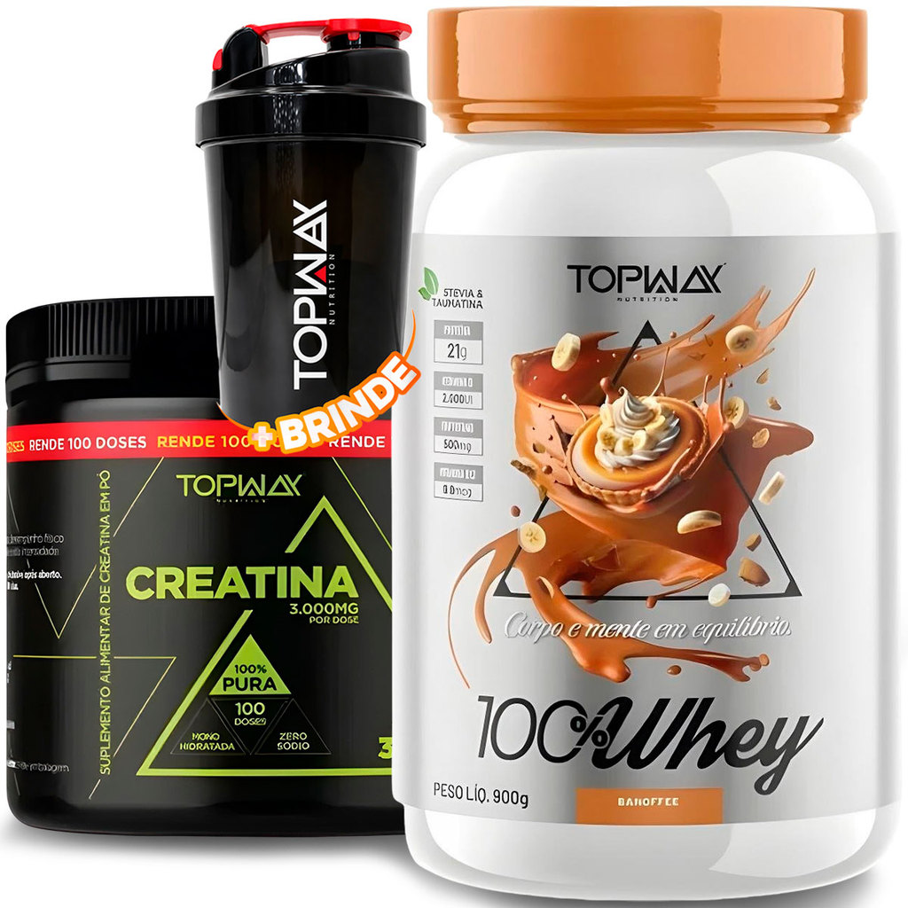 TopWay Suplemento Alimentar Whey Protein 100% 900g Banofee + Creatina em Pó 300g Monohidratada