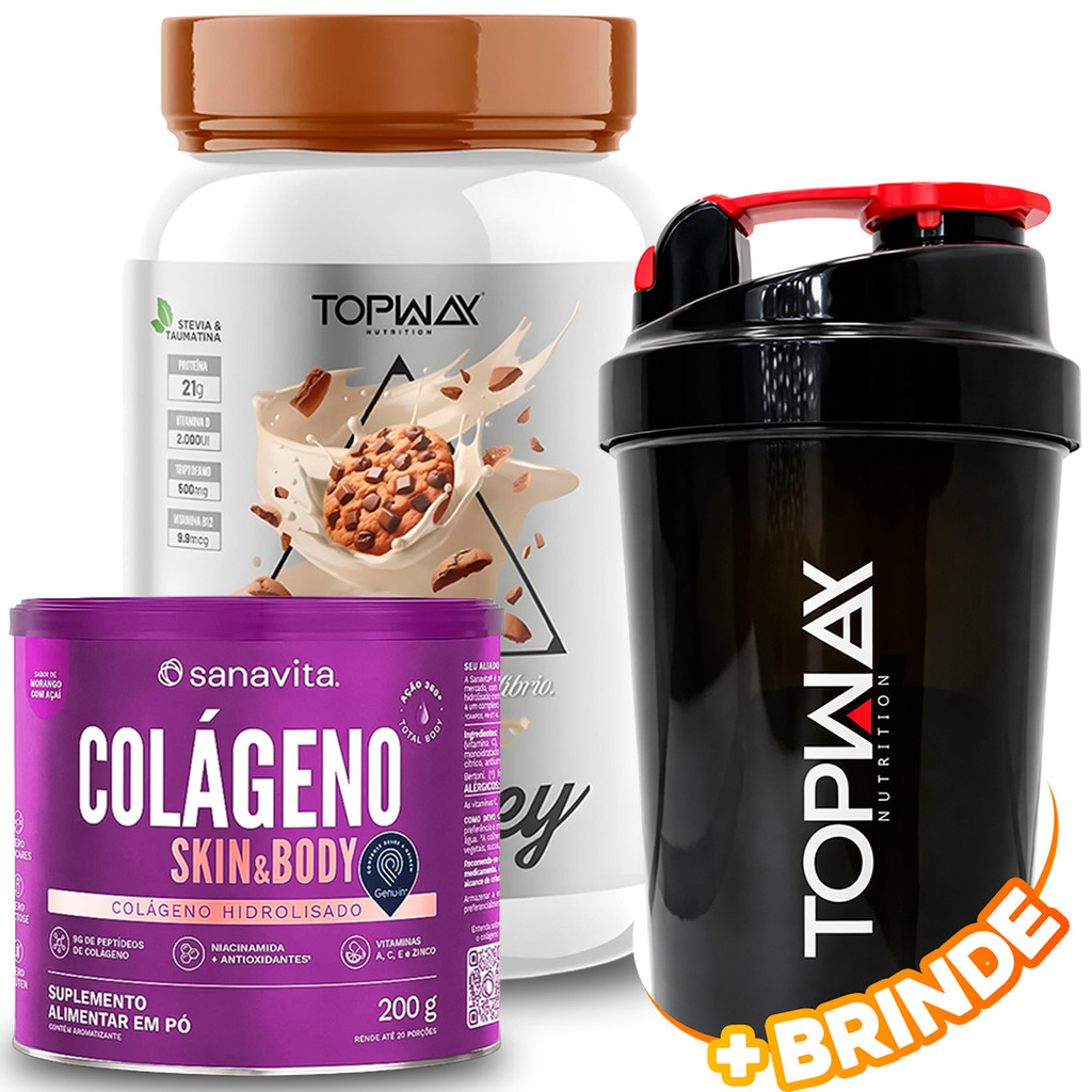 TopWay Suplemento Alimentar Whey Protein 900g Sabor Cookies+ Colágeno Hidrolisado Skin & Body 200g