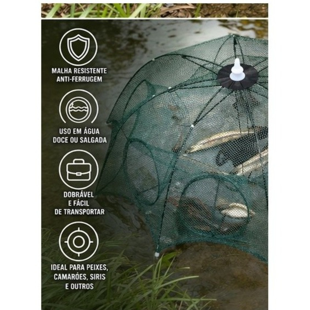 Rede Armadilha Covo Retrátil 8 Entradas – Pesca Lambari Camarão Isca Viva Água Doce E Salgada