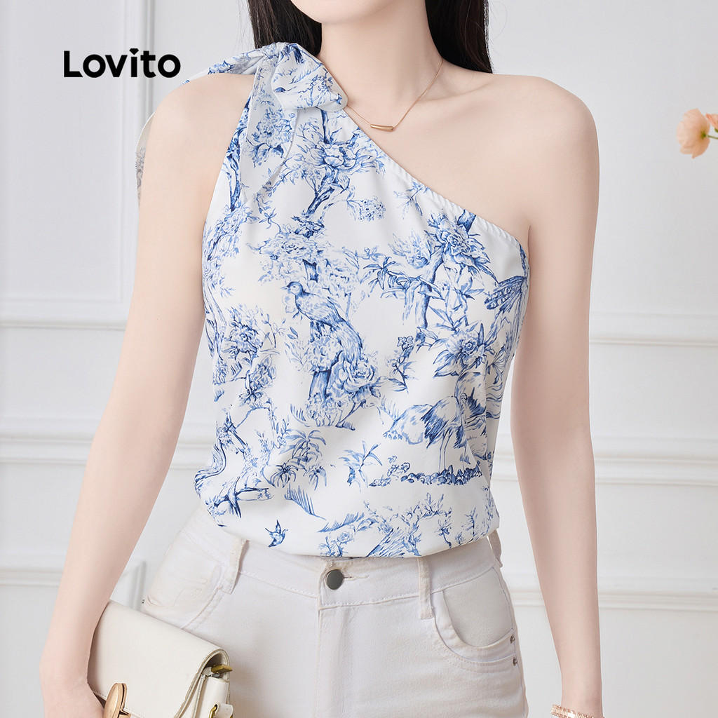 Lovito Top Boho Assimétrico Laço Azul Primavera/verão para Mulheres L183AD245