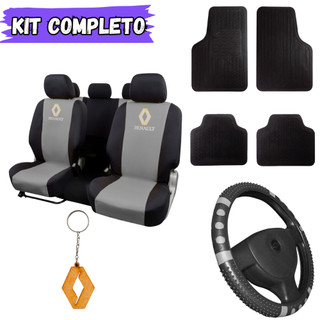 Kit Capas de Banco Couro+Tapete+Volante Carro Reno Renault Duster Clio Logan Sandero Symbol Fluence