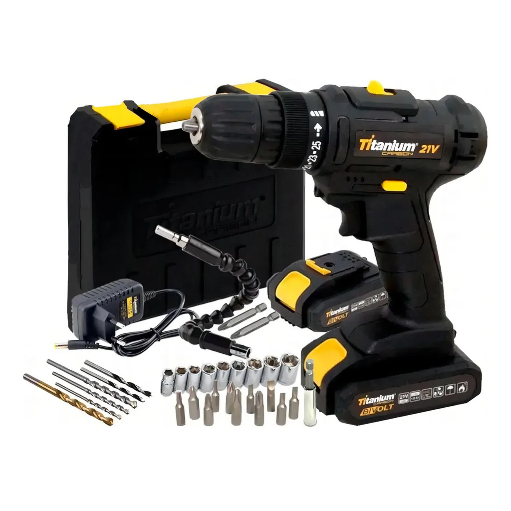 Parafusadeira bateria carbon 21v c/35 acessórios titanium preto em Oferta na Shopee