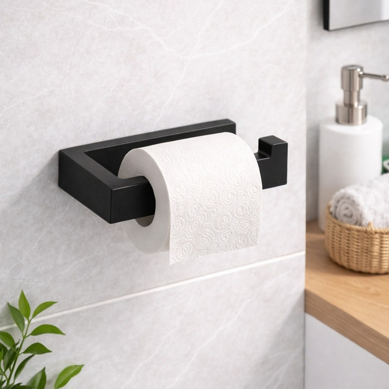 Suporte Porta Papel Higienico Parede Adesivo Preto Para Banheiro Toalhas Autocolante Moderno Minimalista