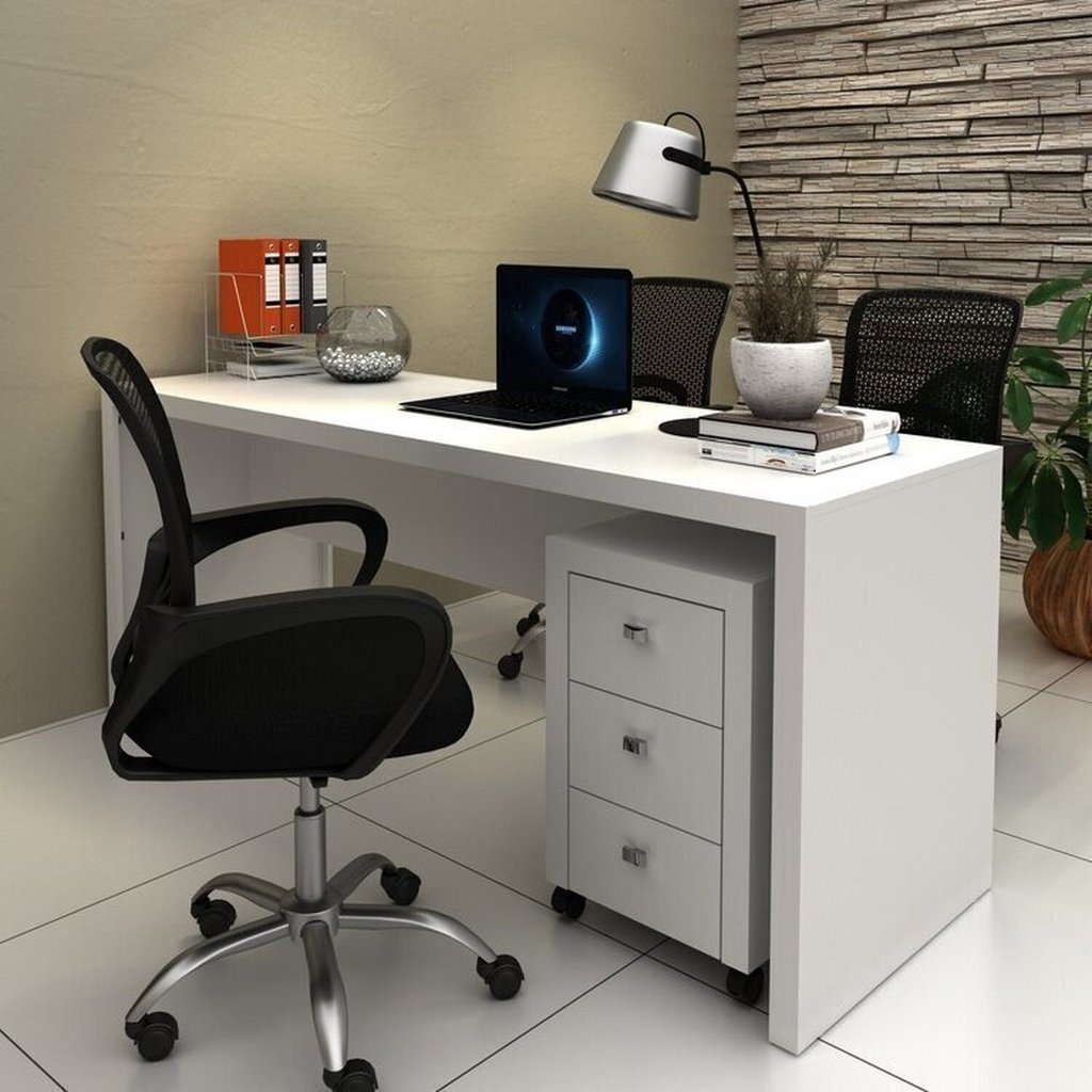 Conjunto 2 Peças com Escrivaninha Mesa Escritório ME4185 e Gaveteiro ME4108 180cm Branco Branco