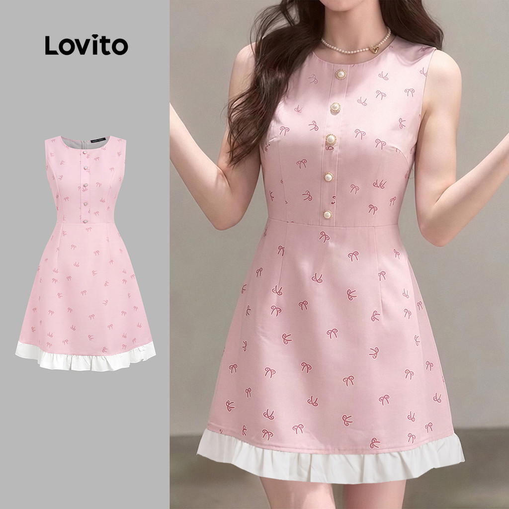 Lovito Vestido Romântico com Zíper Fechamento Frontal com Botões Primavera/verão Rosa para mulheres L189ED019