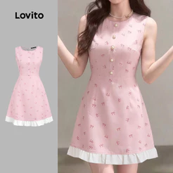 Lovito Babado Vestido Romântico com Zíper Fechamento Frontal com Botões Primavera/verão Rosa para mulheres L189ED019